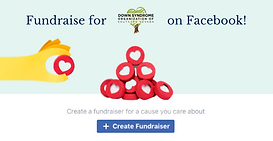 "Fundraise for Down Syndrome Organization of Southern Nevada on Facebook!" with a hand holding a red heart and a pile of hearts.