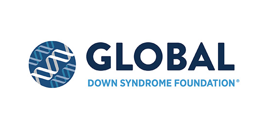 Blue and white logo for "GLOBAL DOWN SYNDROME FOUNDATION" with a DNA helix in a circle.