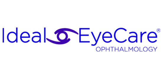 Blue text on a white background reads "Ideal EyeCare OPHTHALMOLOGY" with an eye graphic for the "o" in "Ideal."