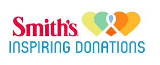"Smith's Inspiring Donations" logo with red and blue text and three overlapping hearts in yellow, green, and orange.