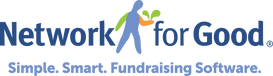 Network for Good" logo with a stylized blue person, green leaves, and orange heart, plus "Simple, Smart, Fundraising Software.