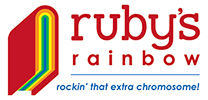 A red book with a rainbow spine and "ruby's rainbow rockin' that extra chromosome!" in red and blue text.