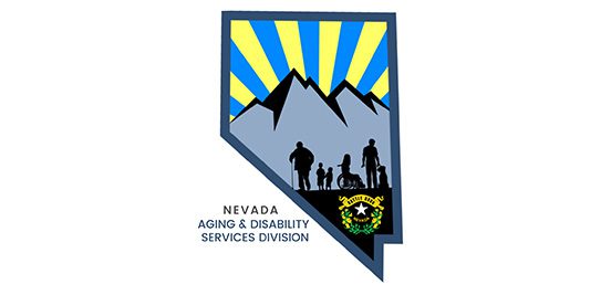 A Nevada state map logo with mountains, a sunburst, diverse silhouettes, and "NEVADA AGING & DISABILITY SERVICES DIVISION."
