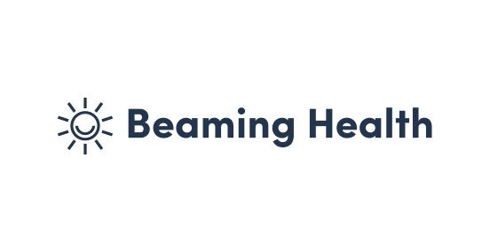 A dark blue sun icon with a smiling face is next to the words "Beaming Health" on a white background.