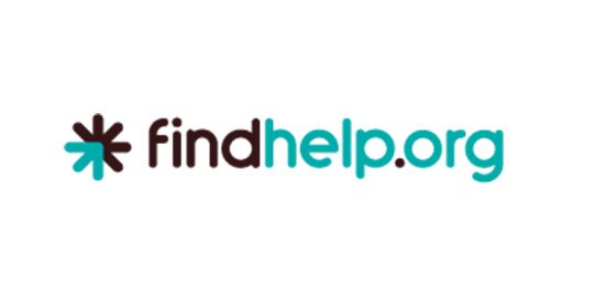 A logo with a brown asterisk and a teal arrow, followed by the text "findhelp.org" in brown and teal.