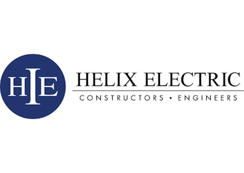 A white background with a blue circle containing white "HIE" letters, and "HELIX ELECTRIC CONSTRUCTORS • ENGINEERS" text.