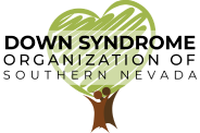 A logo for "Down Syndrome Organization of Southern Nevada" features a green heart as a tree with two figures as its trunk.