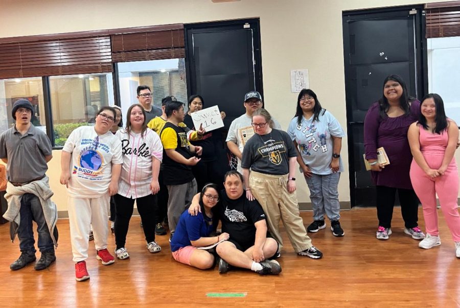 A diverse group of 15 young adults, some with Down syndrome, pose in a room with "Connect 416" on a sign.
