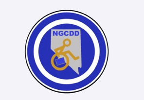 A blue and white circular logo with a gray Nevada outline, an orange wheelchair user, and "NGCDD" text.