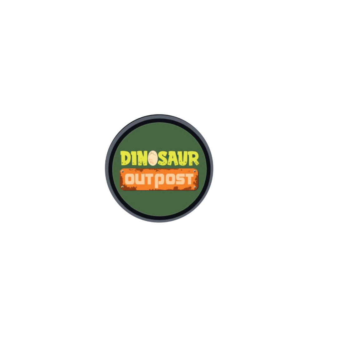 A circular green logo with a dark border features "DINOSAUR" in yellow and "OUTPOST" on a rusty orange sign.