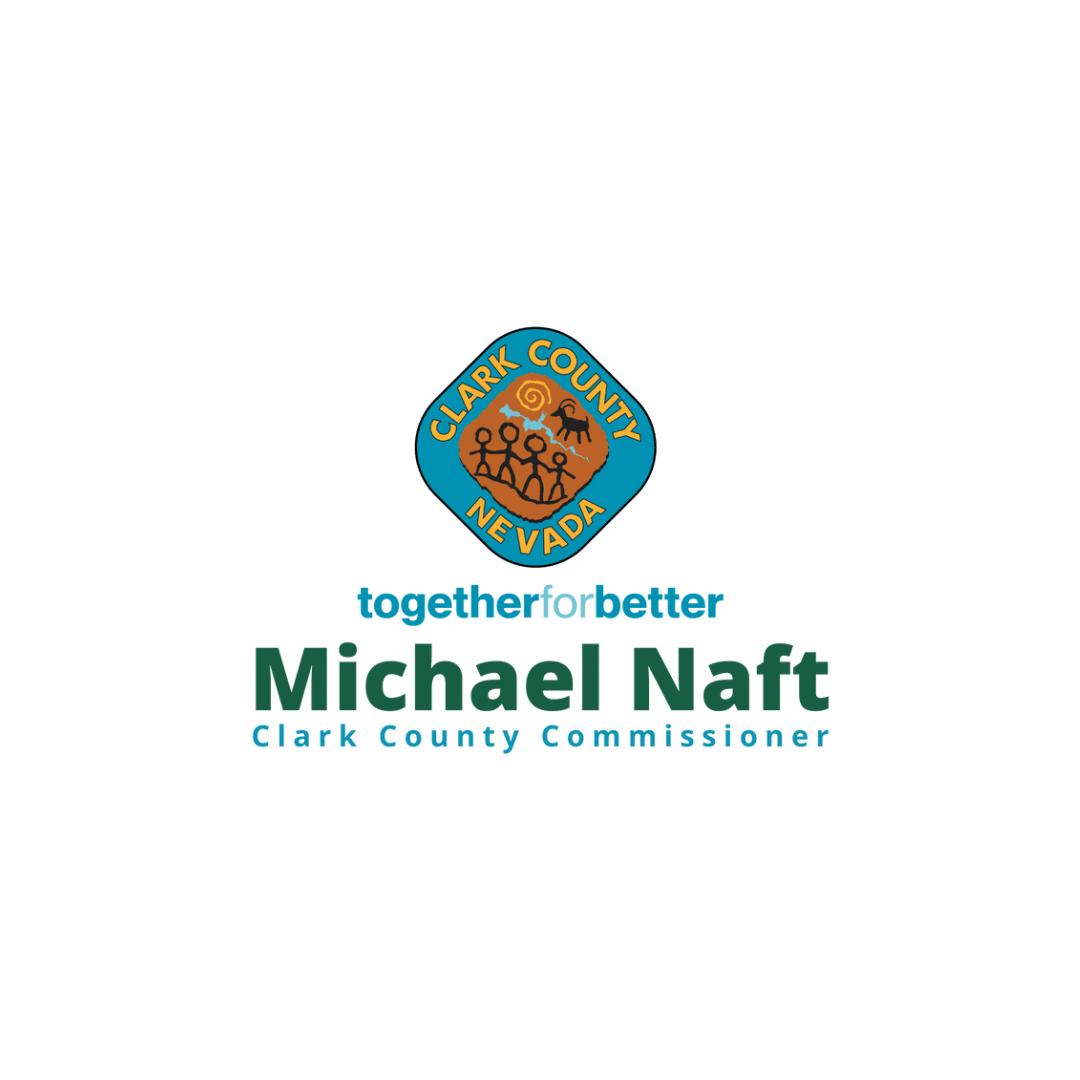 Clark County Nevada" logo with stick figures and animals, above "togetherforbetter Michael Naft Clark County Commissioner.