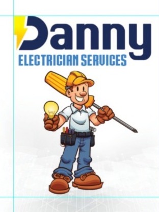 A cartoon electrician in a hard hat holds a lightbulb and screwdriver, with "Danny ELECTRICIAN SERVICES" above.