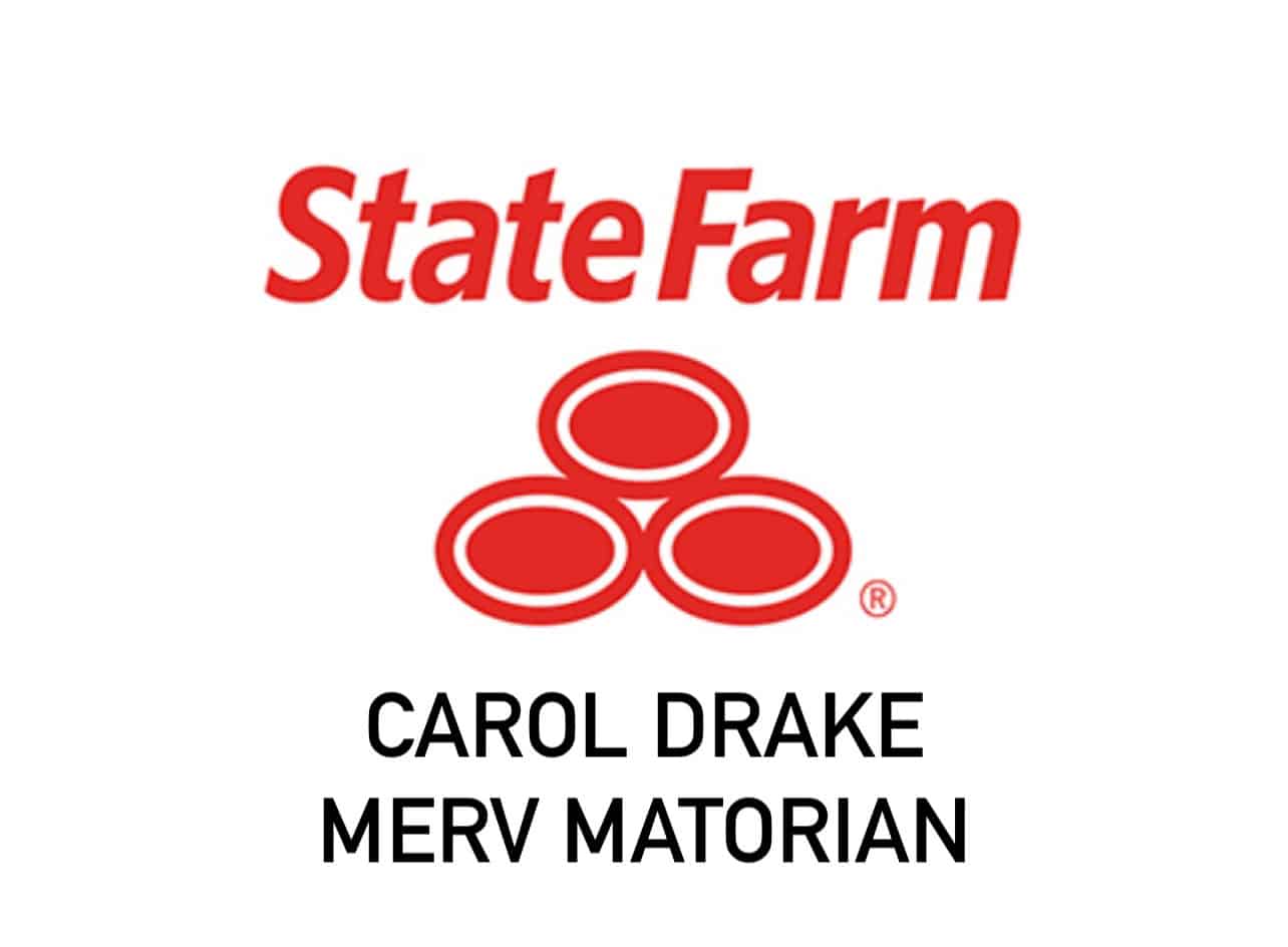"State Farm" logo in red with three red ovals below, and "CAROL DRAKE MERV MATORIAN" in black text.