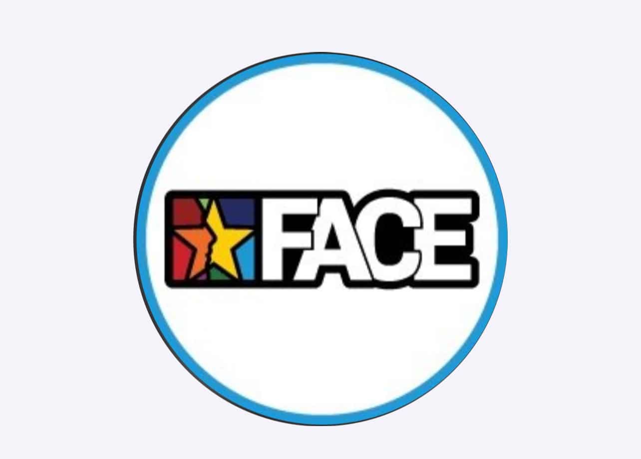 A white circle with a blue border contains the word "FACE" in black, with a colorful star replacing the "F".