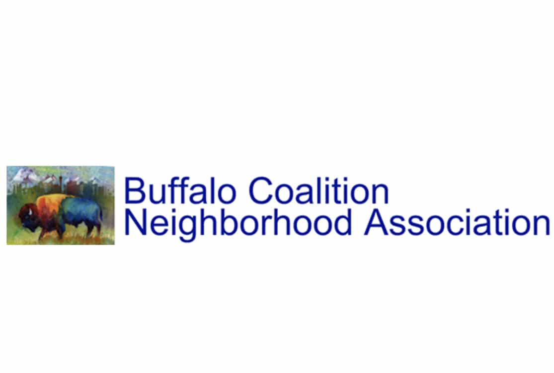 A logo with a colorful painting of two buffalo and the text "Buffalo Coalition Neighborhood Association."