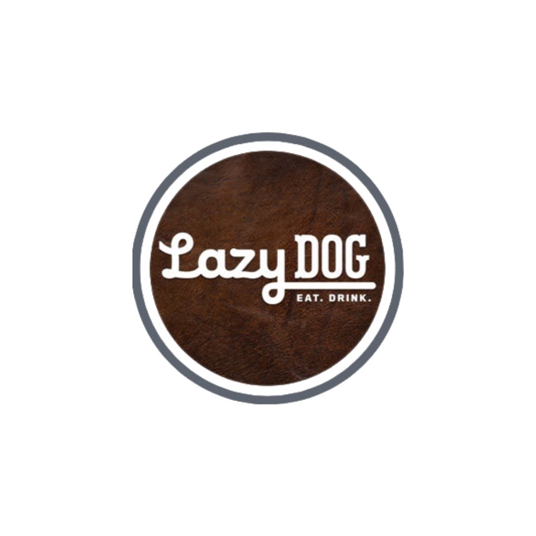 A circular logo with a brown leather texture and a gray border reads "Lazy DOG EAT. DRINK." in white.