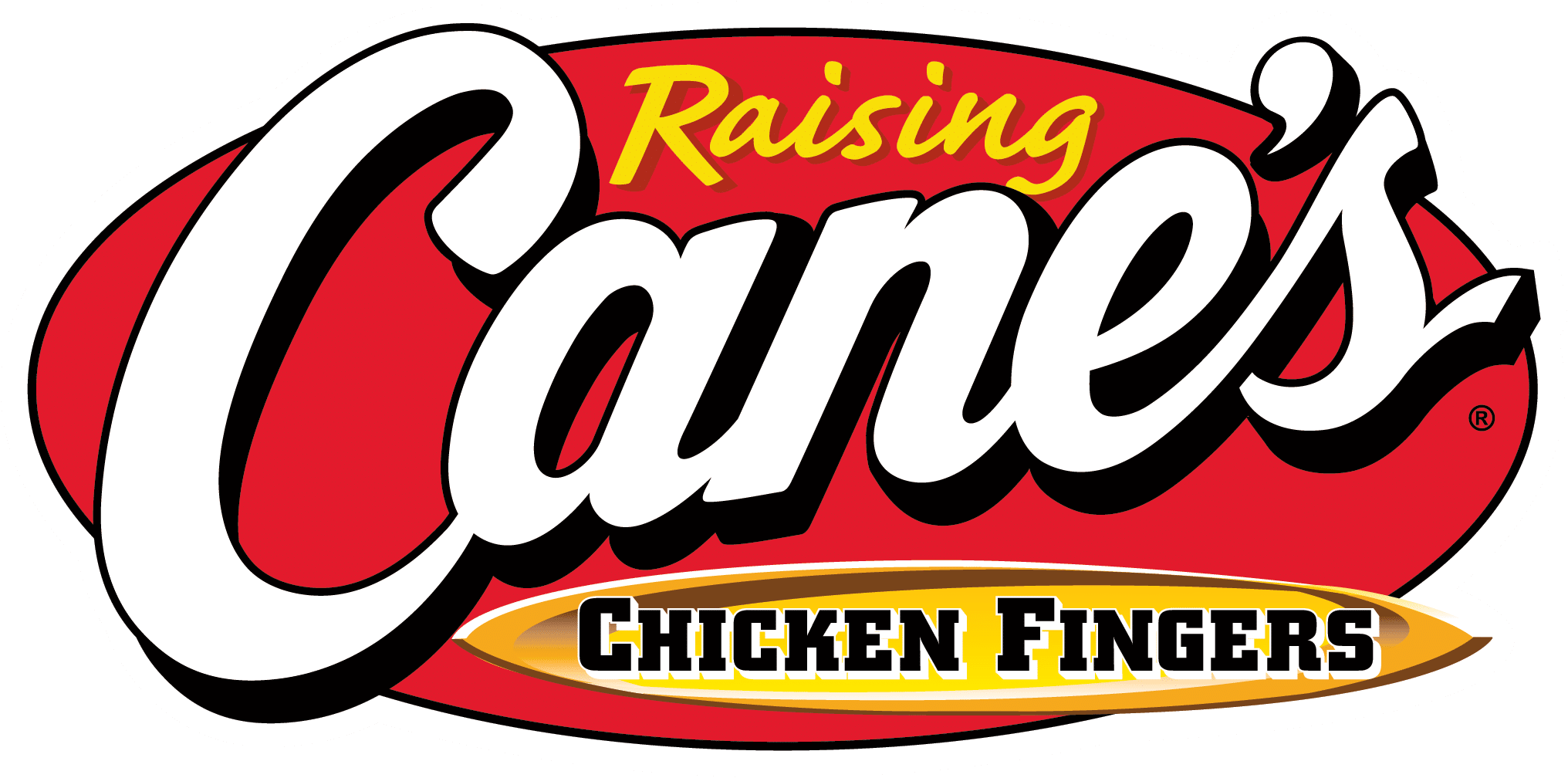 The Raising Cane's logo features "Raising Cane's" in white and yellow on a red background, with "Chicken Fingers" below.