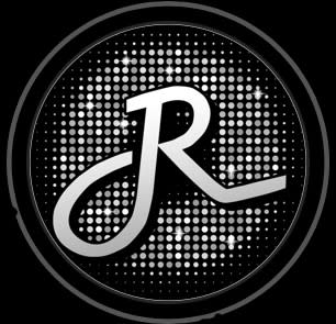 A shiny, silver, stylized "JR" is centered on a black circle with a sparkling, dotted background.