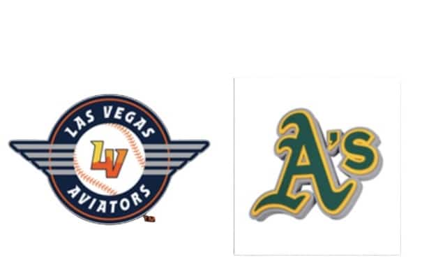 The "Las Vegas Aviators" logo with a baseball and wings next to the green and yellow "A's" logo.