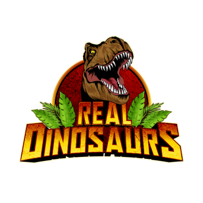 A roaring T-Rex head with "REAL DINOSAURS" in bold, gold letters and green leaves on a red background.